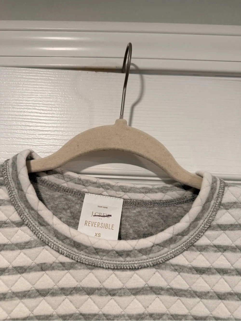 NWOT J. Crew Size XS Gray Cream Reversible Quilted Striped Crew Sweatshirt
